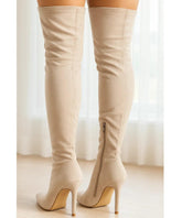 Comprar bota feminina cano longo em camurça salto fino off white e bico elegante para looks de inverno sofisticados em promoção DAFITI